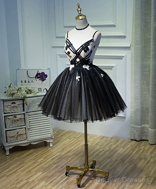 Unique Black Tulle Short Prom Dress, Black Homecoming Dresses Secondary image