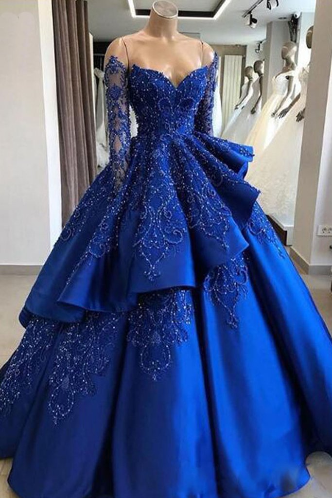 Unique Blue Lace Long Prom Dress, Blue Long Evening Dress Main image