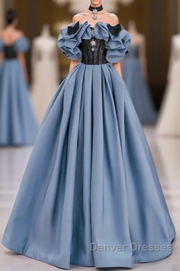 Unique Blue Prom Dress Off Shoulder Satin Lace Long Evening Dress