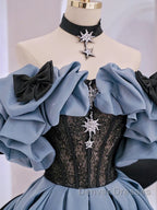Unique Blue Prom Dress Off Shoulder Satin Lace Long Evening Dress