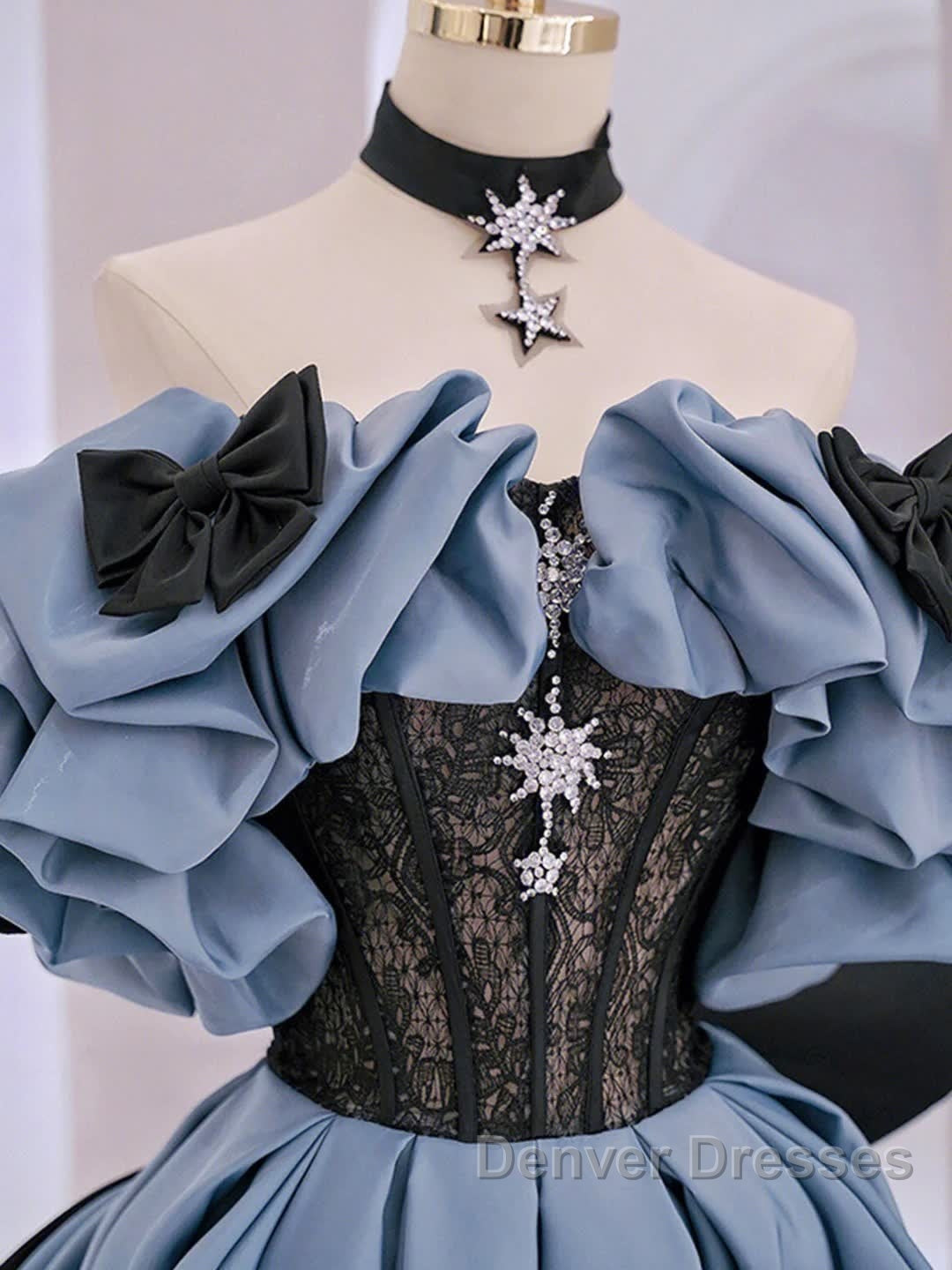 Unique Blue Prom Dress Off Shoulder Satin Lace Long Evening Dress