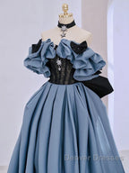 Unique Blue Prom Dress Off Shoulder Satin Lace Long Evening Dress