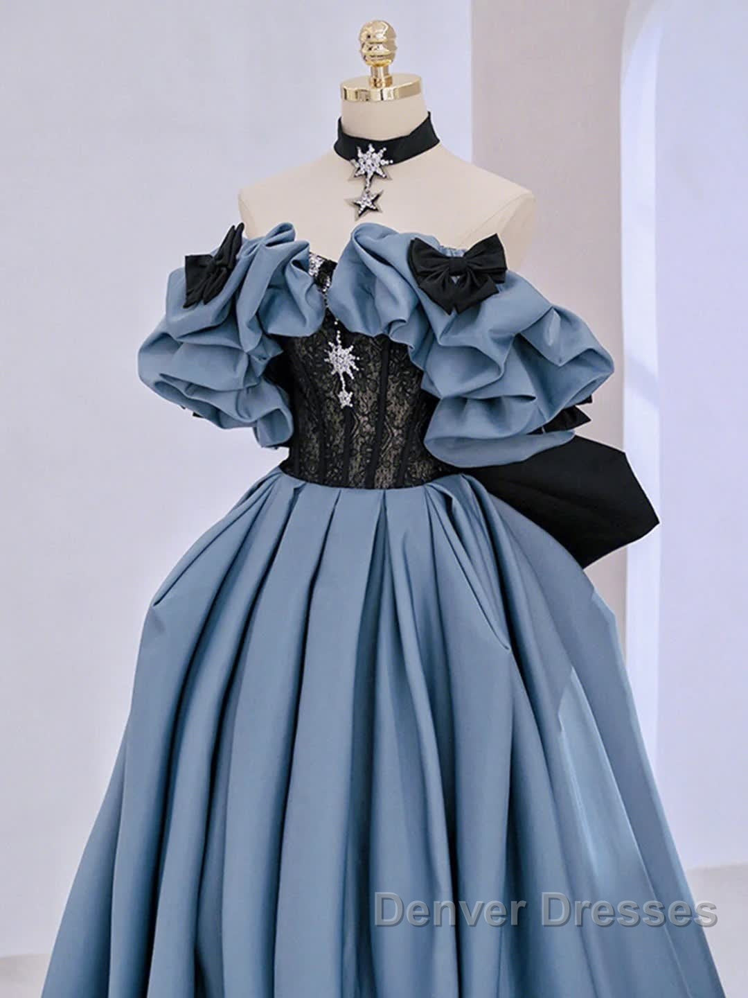 Unique Blue Prom Dress Off Shoulder Satin Lace Long Evening Dress
