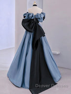 Unique Blue Prom Dress Off Shoulder Satin Lace Long Evening Dress