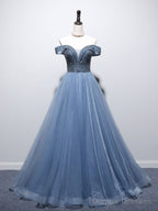 Unique Blue Tulle Beads Long Prom Dress, Blue Tulle Evening Dress