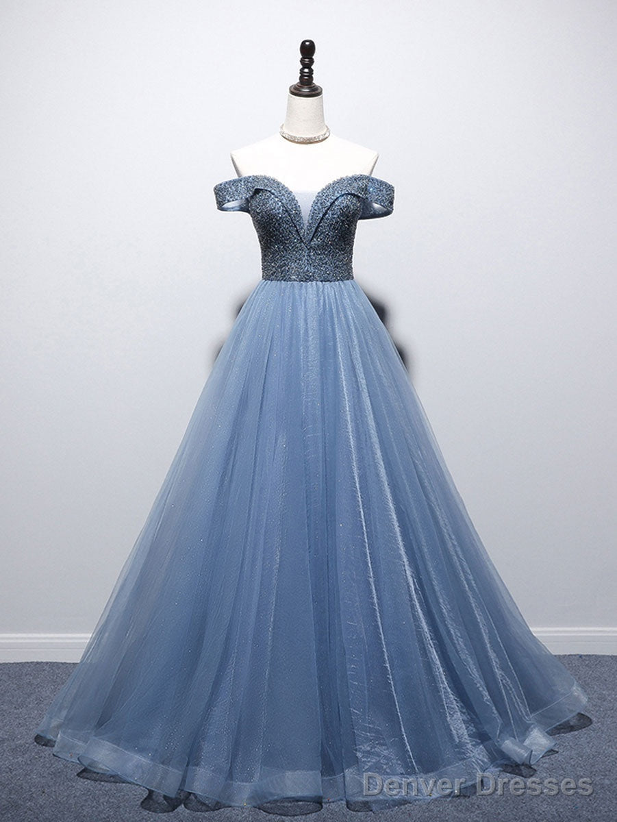 Unique Blue Tulle Beads Long Prom Dress, Blue Tulle Evening Dress