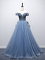 Unique Blue Tulle Beads Long Prom Dress, Blue Tulle Evening Dress