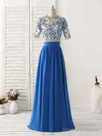 Unique Blue Two Pieces Long Prom Dress Applique Formal Dress