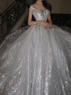 Unique Bridal Dress Ball Gown Scoop White Sequin Long Wedding Dresses Luxury Bride Dress Bridal Gowns
