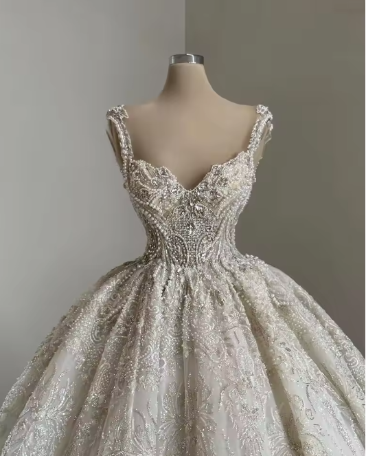 Unique Bridal Gown Ball Gown Straps Neck White Sequin Wedding Dress Pretty Bridal Gowns Secondary image