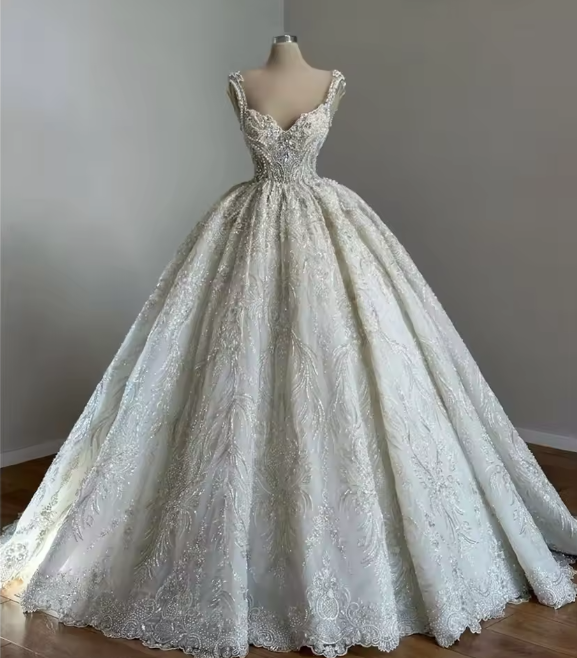Unique Bridal Gown Ball Gown Straps Neck White Sequin Wedding Dress Pretty Bridal Gowns
