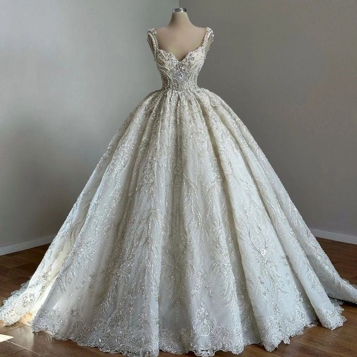 Unique Bridal Gown Ball Gown Straps Neck White Sequin Wedding Dress Pretty Bridal Gowns Main image