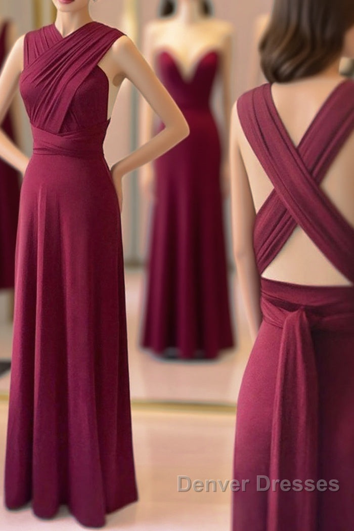 Unique Burgundy Long Prom Dress with Cross Back, Burgundy Formal Graduation Evening Dress, Burgundy Bridesmaid Dress