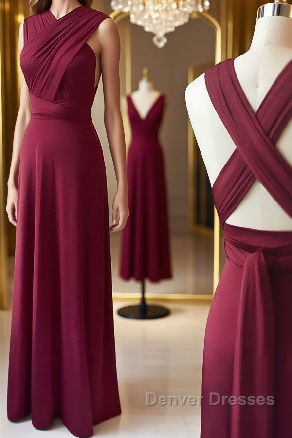 Unique Burgundy Long Prom Dress with Cross Back, Burgundy Formal Graduation Evening Dress, Burgundy Bridesmaid Dress Main image
