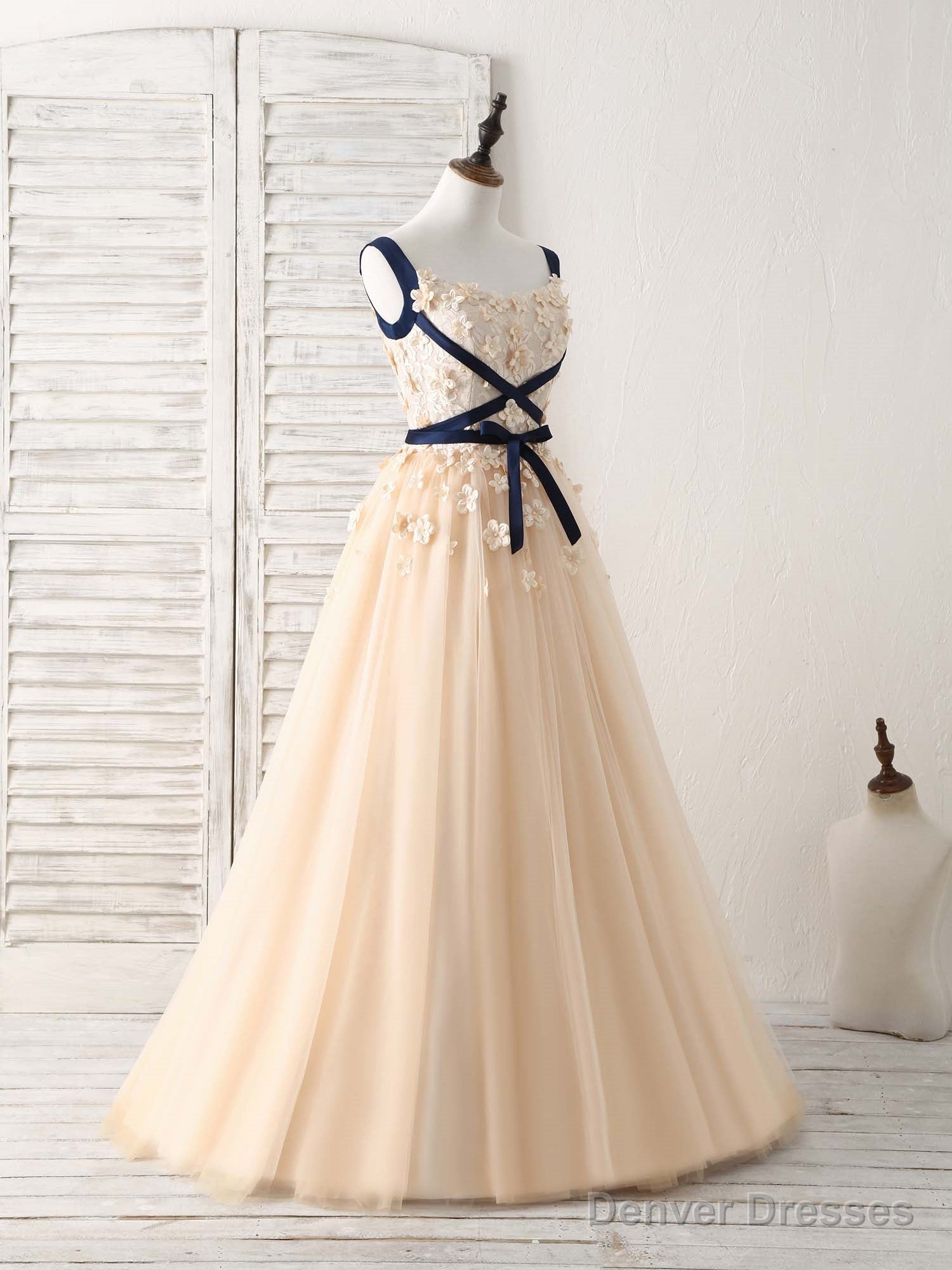 Unique Champagne Lace Tulle Long Prom Dress, Champagne Evening Main image