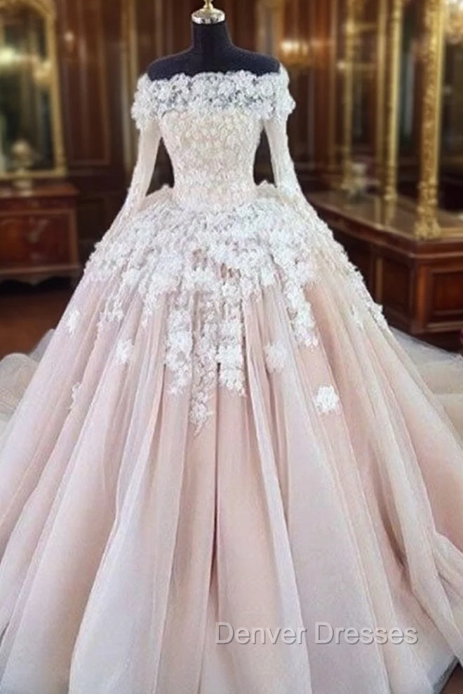 Unique Champagne Lace Tulle Long Wedding Dress, Bridal Dress Main image
