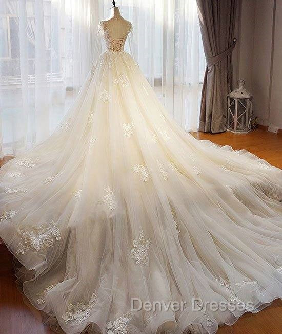 Unique Champagne Tulle Lace Long Prom Dress, Champagne Wedding Dress Secondary image