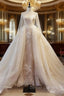 Unique Champagne Tulle Lace Long Prom Dress, Champagne Wedding Dress