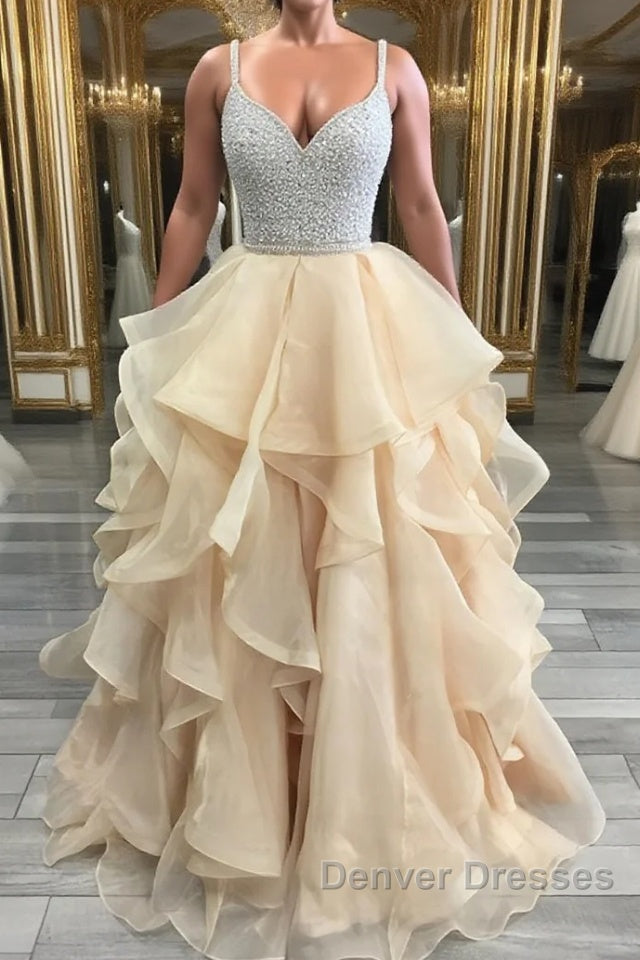 Unique champagne tulle sequin long prom Dress, champagne evening Dress