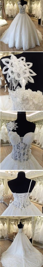 Unique Design One Shoulder See Through A-Line Lace Tulle Wedding Dress,