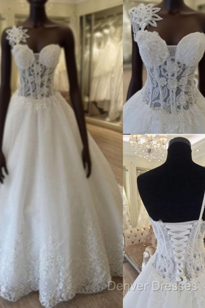 Unique Design One Shoulder See Through A-Line Lace Tulle Wedding Dress, Main image