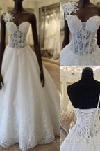 Unique Design One Shoulder See Through A-Line Lace Tulle Wedding Dress,