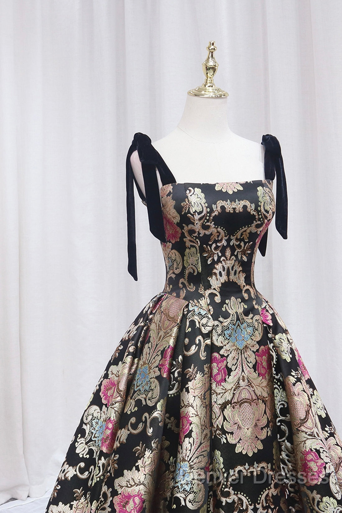 Unique Floral Floor Length Prom Dress, A-Line Black Evening Dress