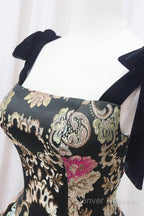 Unique Floral Floor Length Prom Dress, A-Line Black Evening Dress