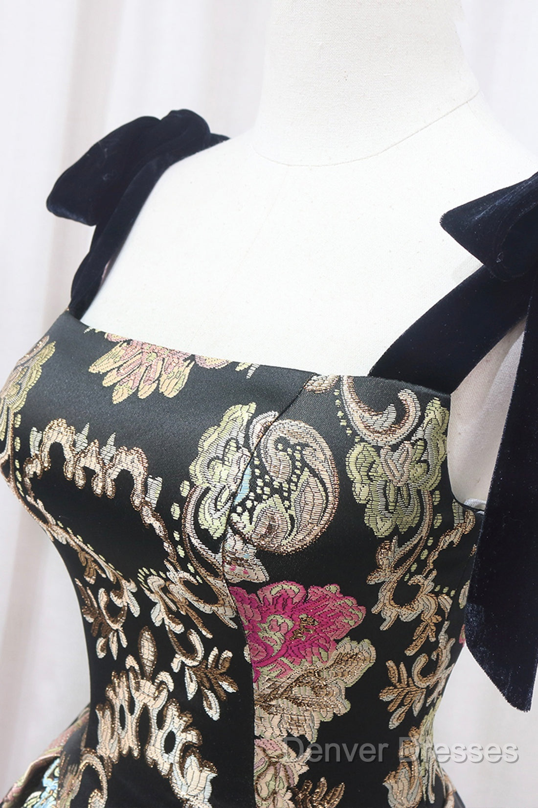 Unique Floral Floor Length Prom Dress, A-Line Black Evening Dress