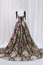 Unique Floral Floor Length Prom Dress, A-Line Black Evening Dress