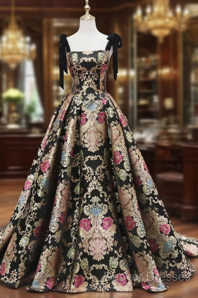 Unique Floral Floor Length Prom Dress, A-Line Black Evening Dress Main image