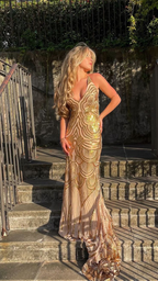 Unique Mermaid Golden Sequin Long Sweep Open Back Prom Dress Evening Dress