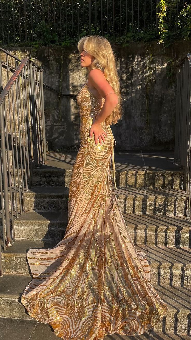 Unique Mermaid Golden Sequin Long Sweep Open Back Prom Dress Evening Dress
