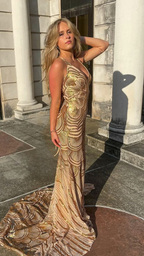 Unique Mermaid Golden Sequin Long Sweep Open Back Prom Dress Evening Dress