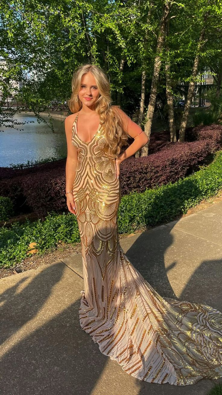 Unique Mermaid Golden Sequin Long Sweep Open Back Prom Dress Evening Dress Main image