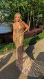 Unique Mermaid Golden Sequin Long Sweep Open Back Prom Dress Evening Dress