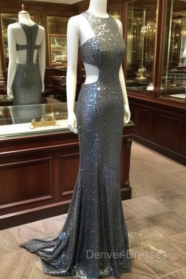 Unique Gray Sequin Mermaid Long Prom Dress, Gray Evening Dress Main image