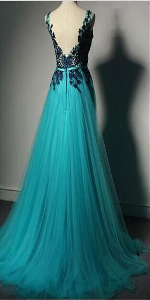 Unique Green Tulle A-line Long Prom Dress-Purple Lace Applique Evening Dress