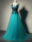 Unique Green Tulle A-line Long Prom Dress-Purple Lace Applique Evening Dress