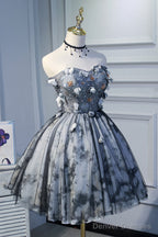 Unique Grey Floral Sweetheart Short Party Dress, Homecoming Dress
