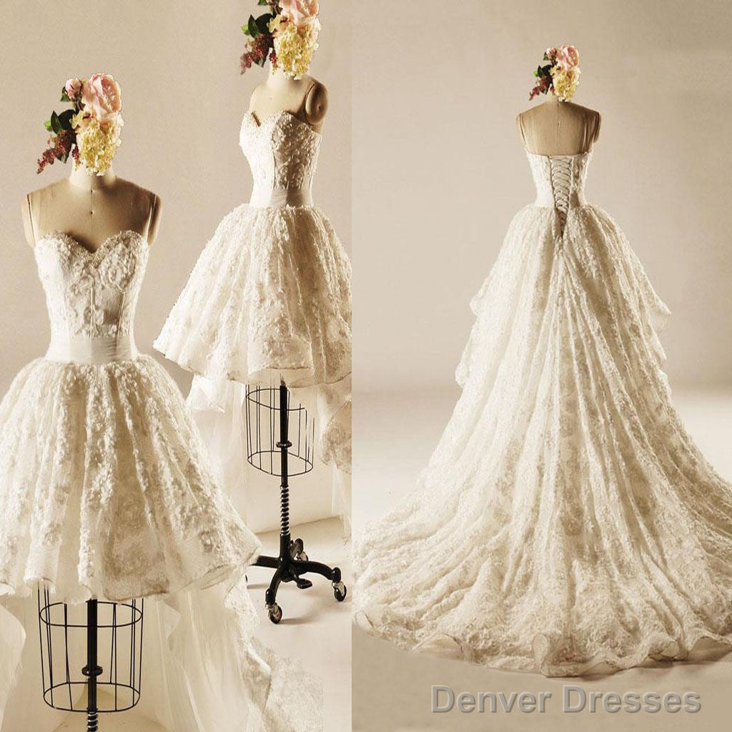 Unique Hi-Low Sweetheart Lace Wedding Dresses, Popular Lace Up Bridal Gown,