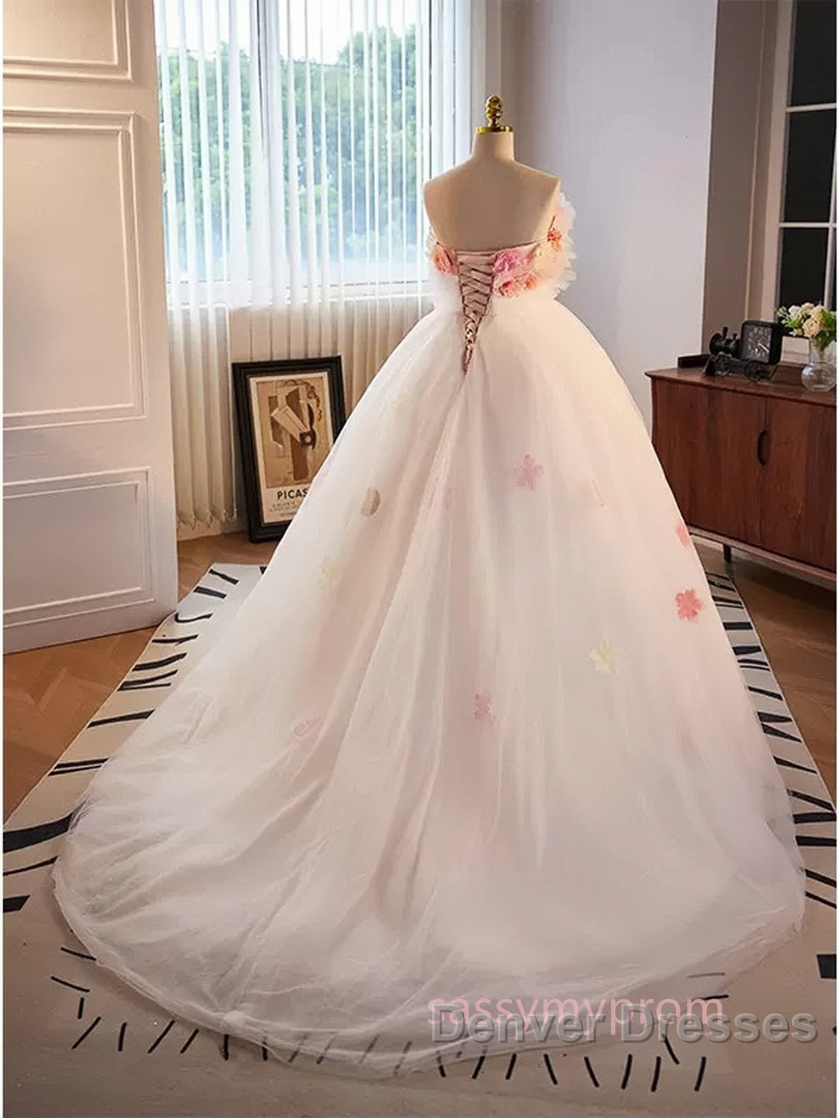 Unique High Low Flower Pink Tulle Sweetheart Prom Dress