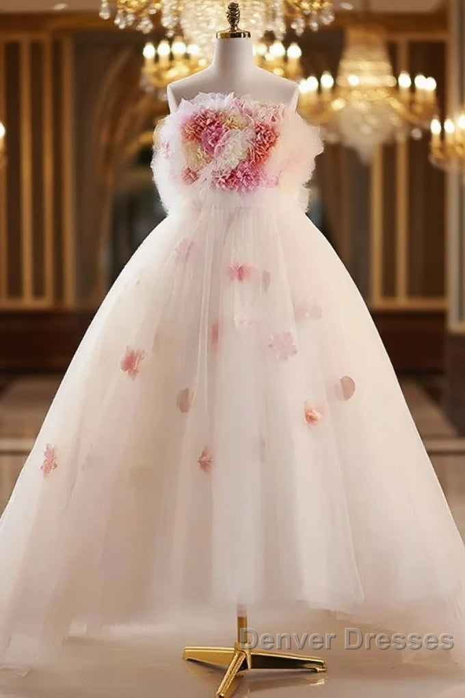 Unique High Low Flower Pink Tulle Sweetheart Prom Dress