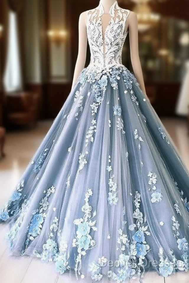 Unique High Neck Tulle Lace Long Prom Dress Blue Tulle Lace Evening Dress Main image