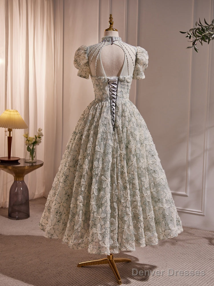 Unique Hight Neck Tulle Lace Tea Length Prom Dress, Light Green Formal Dress Main image