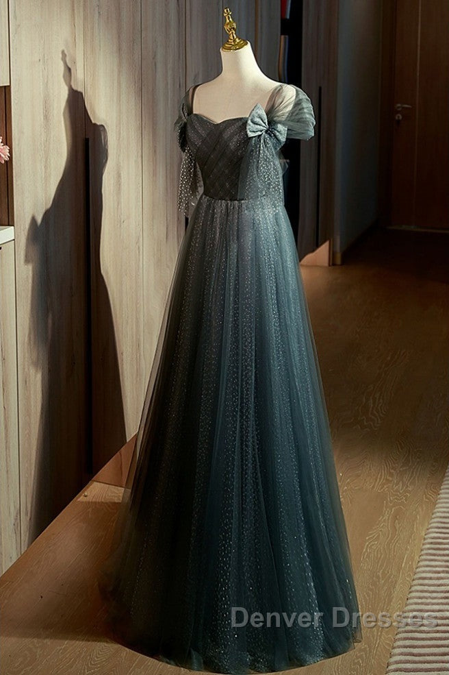 Unique Ink Blue Spotted Off Shoulder Short Sleeve Sequin Ball Dress Ink Blue A-Line Off Back Tie Bow And Floor Length Prom Dress