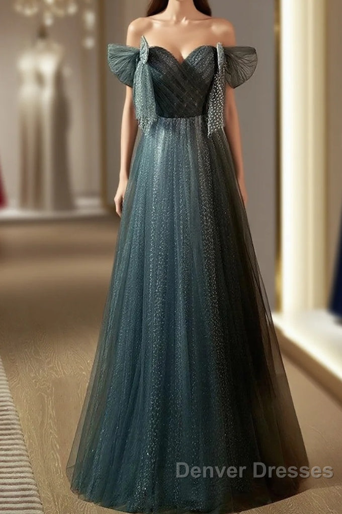 Unique Ink Blue Spotted Off Shoulder Short Sleeve Sequin Ball Dress Ink Blue A-Line Off Back Tie Bow And Floor Length Prom Dress Main image