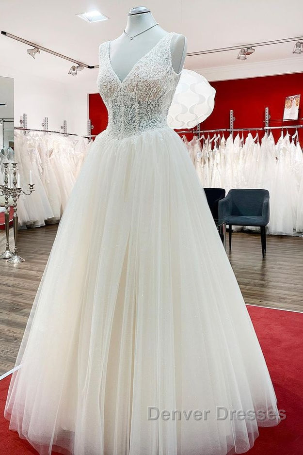 Unique Ivory Long Princess V-neck Tulle Lace Wedding Dress