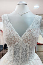Unique Ivory Long Princess V-neck Tulle Lace Wedding Dress