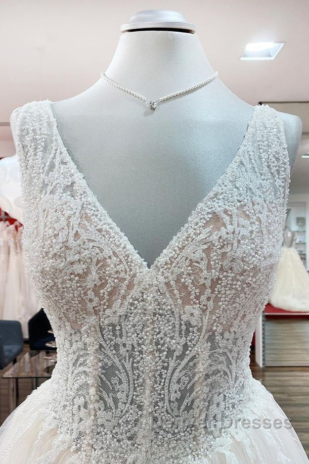 Unique Ivory Long Princess V-neck Tulle Lace Wedding Dress